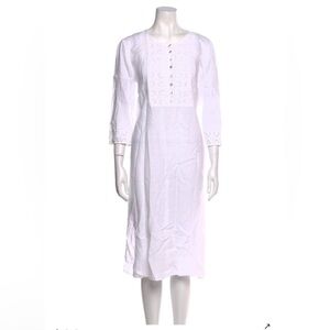 120% Lino White Linen Embroidered Button Front Midi Dress EUC / US10 IT46